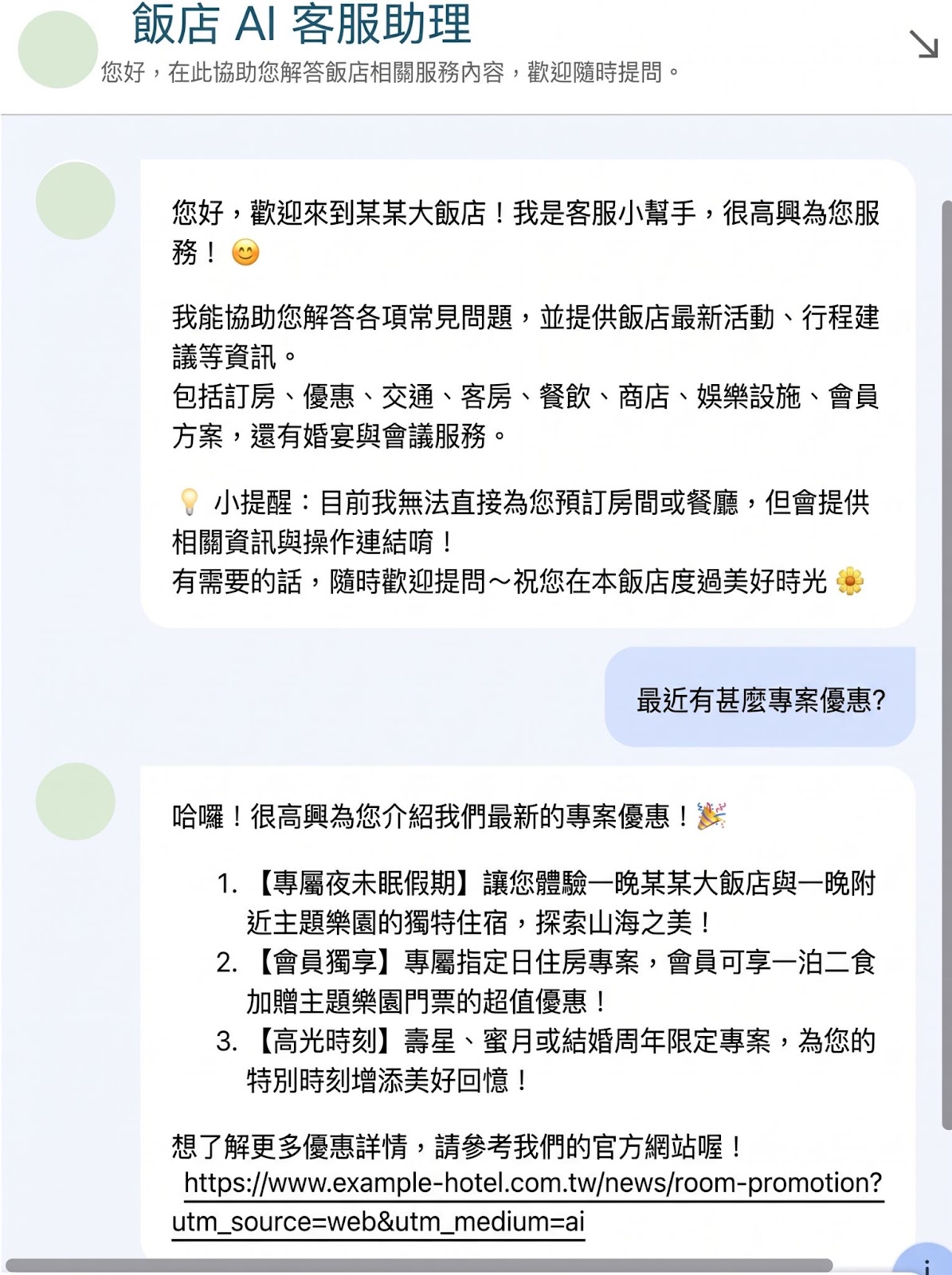 飯店 AI 客服對話畫面