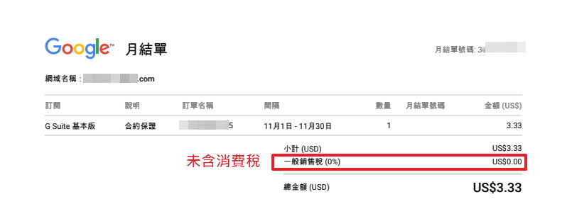 Google所提供Invoice，並沒有包含稅金和公司的統一編號