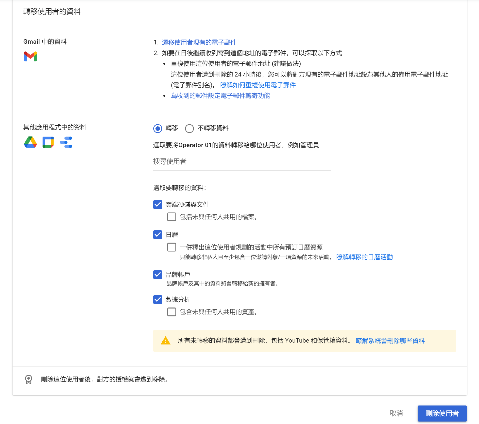 GWS 刪除單一使用者 轉移資料