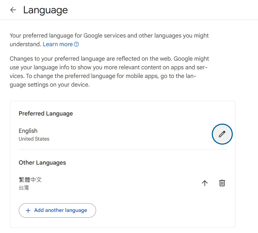 將 Google 帳戶語言設定為英文,方能使用 Gemini