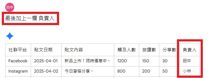 要求 Sheets Gemini AI 追加欄位